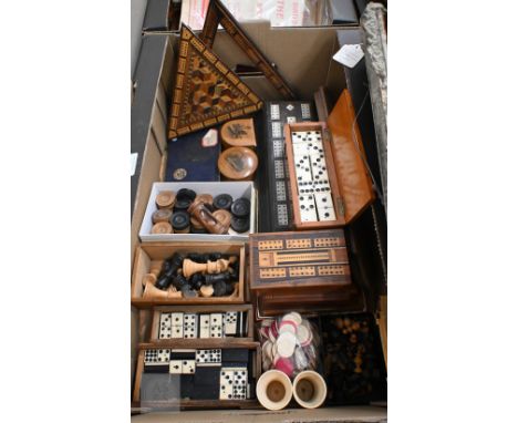 Three Victorian sets of bone and ebony dominoes, two sets of turned wood chessmen, inlaid cribbage boards including (probably