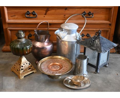 A Victorian electrotype brass and copper comport, depicting European monarchs, to/w an oil lamp with green glass font, cream 