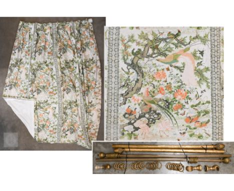 A pair of thermal lined chinoiserie design curtains, 210 cm x 130 cm to/w two giltwood curtain poles