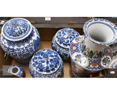 A Chinese porcelain blue and white vase with enamel painting, 42 cm high, to/w a blue and white baluster vase and cover, two 