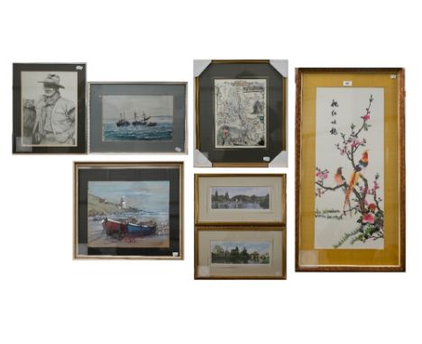 A collection of paintings including two watercolours, pencil drawing and a map of Oxfordshire to/w a Chinese bird on silk, fr