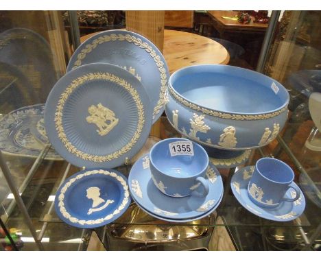 A Wedgwood Jasper ware bowl, plates, cups and saucers.