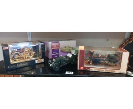 A Franklin Mint 1929 Bentley length 19cm, boxed Corgi cc60105 North African Churchill tank, Maisto gold plated Harley Davidso