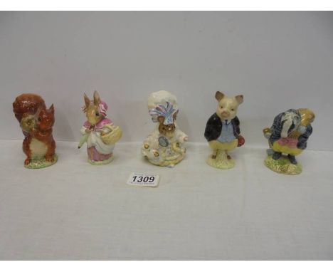 Five early Beswick Beatrix Potter figures:- Lady Mouse from the Taylor of Gloucester, Tommy Brock, Squirrel Nutkin, Mrs Rabbi