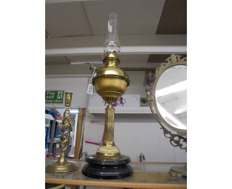 A brass oil lamp with chimney, COLLECT ONLY.