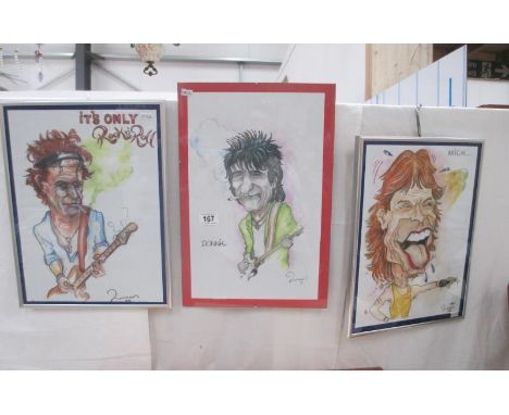 3 caricatures of The Rolling Stones Mick Jagger, Ronnie Wood and Bill Wyman, size of frames 45cm  x 30cm, 40cm x 30cm, 40cm x