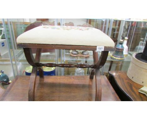 A mahogany stool with tapestry seat, COLLECT ONLY.