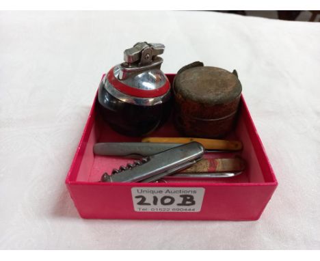 A retro lighter, old inkwell &amp; 6 penknives