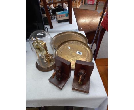 2 Indian brass trays, Anniversary clock under dome &amp; pair of bird book ends COLLECT ONLY
