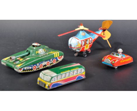 A collection of x4 vintage tinplate model vehicles comprising; Helicopter, Pullman Coach, Tank and Race Car.