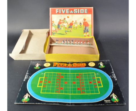 A vintage Pepys Series ' Five&nbsp; A Side ' football board game with blue and red team players made from lead and a cardboar