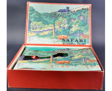 A vintage Chad Valley ' Safari Running Tiger ' shooting game with cardboard Safari animals comprising Giraffe, Tiger etc and 