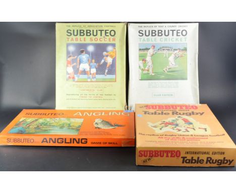 A collection of x4 assorted vintage Subbuteo table top sporting games comprising Football, Cricket, Rugby and Angling. Unchec