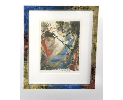 Danish School : Abstract woodland scene, colour lithograph, indistinctly signed and numbered 195/200, 53 cm x 37 cm.