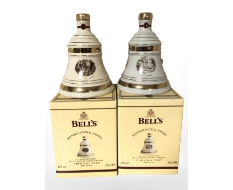 Two Bell's scotch whisky decanters, Christmas 2007 and 2008, both boxed.