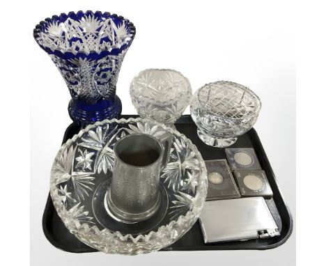 A combination lighter cigarette case, two crowns, American memorial half dollar, crystal fruit bowl, rose bowl, blue flash cu