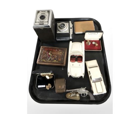 A Conway box camera, a further Baldixette camera, Burago and Corgi die cast cars, rolled gold cuff links, tie clip, miniature