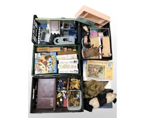 A quantity of dolls house furniture, jigsaws, soft toys, chess set, die cast cars, dominoes, etc. (1 pallet)