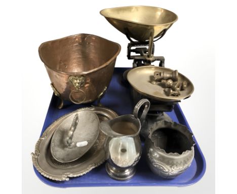 Metal wares to include a hammered copper planter, set of scales and weights, EPNS and pewter items.