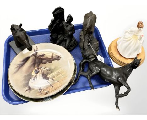 A group of decorative ornaments including Royal Doulton figure 'Flower of Love', two horse racing limited edition plates by A