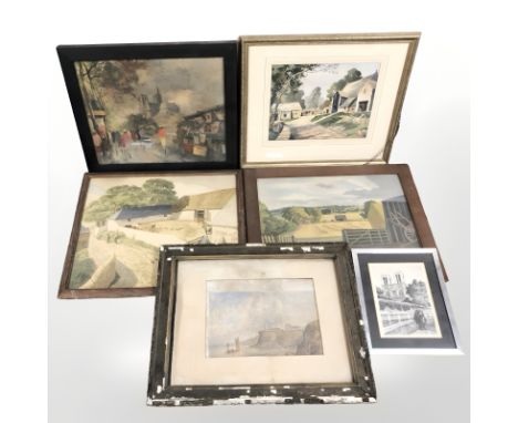 A group of pictures and prints, 19th coastal watercolour, etching of Notre Dame, etc 