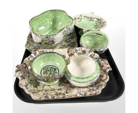 A group of Maling green lustre ceramics and chintz shallow dishes.