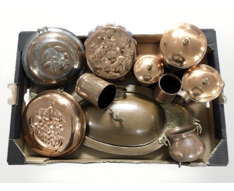 A group of copper plated jelly moulds, mugs, miniature cauldron and other kitchenalia. (1 box)