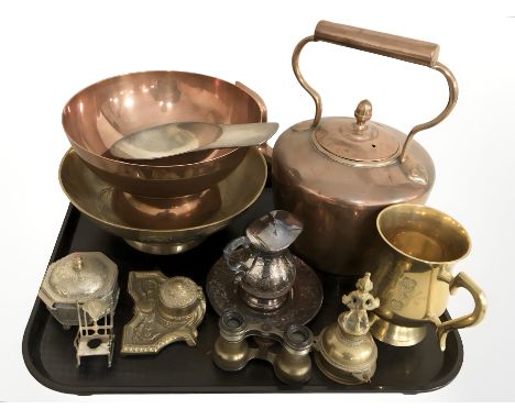 A Victorian copper kettle, other metal wares, ornate brass inkwell, small pair of opera glasses, etc.