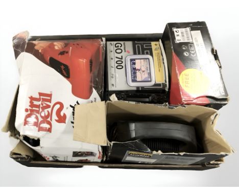 A boxed sat nav, Kenwood CD receiver with remote, car battery charger, Dirt Devil vacuum. (1 box)