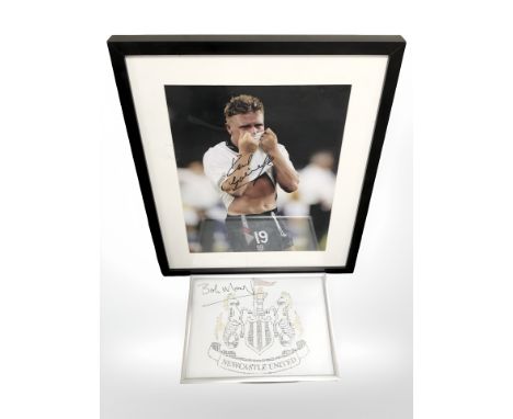 A signed photograph of Paul Gascoigne, 39 cm x 30 cm, and further signed Newcastle United picture.