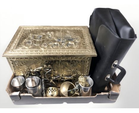 An embossed brass box, together with EPNS goblets, pewter tankard, brass wares, a leather briefcase, etc. (1 box)