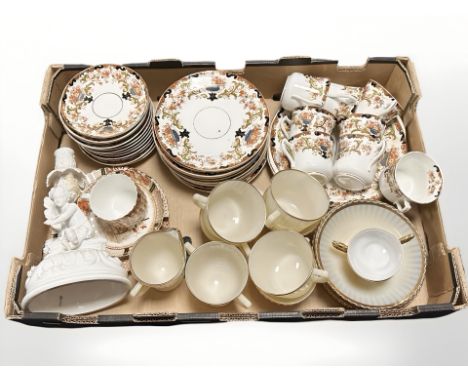 An antique Imari part tea and dinner service, further opaque glass tea wares, continental porcelain figural candelabrum, etc.