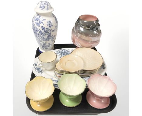 A group of Maling ceramics including grapefruit dishes, sandwich plates, blue and white lamp base, etc.