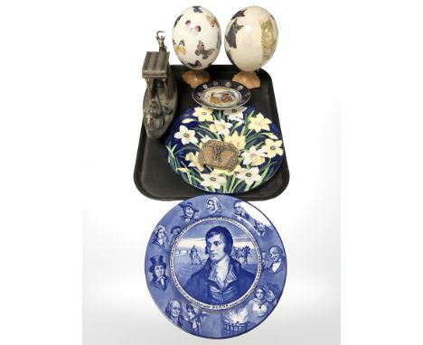 A Maling lustre "daffodils" plate, Royal Doulton plate "Robbie Burns", Wade crab trinket box, model of an Egyptian raft, two 