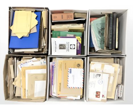 A large quantity of philatelic ephemera, including stamp catalogues, stamped envelopes, leather bound albums, etc. (6 boxes)