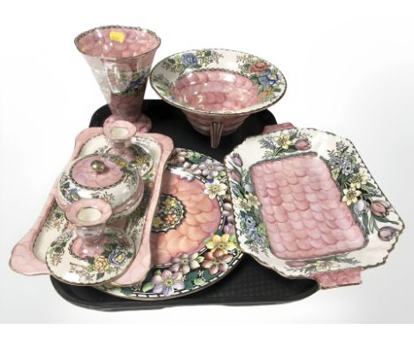 A group of Maling pink lustre dressing table ceramics, vase, fruit bowl, etc.