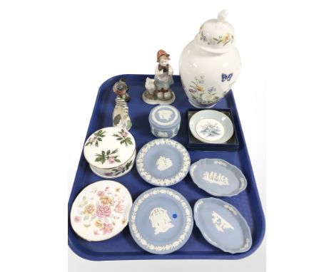 A group of Wedgwood blue jasperware shallow dishes, further trinket box, Beswick chaffinch, German figure of a girl, Aynsley 