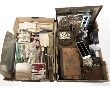 A group of ornaments, mantel time piece, boxed cutlery, recorder, vintage camera, etc. (2 boxes)