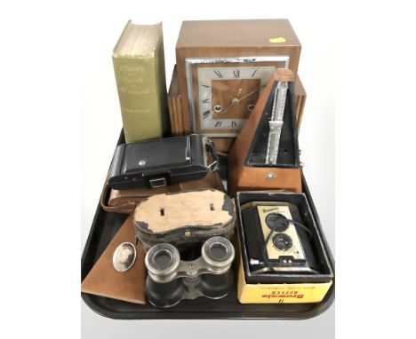 An Art Deco walnut mantel clock, a metronome, Brownie camera, plus another, pair of French Le Jockey Club opera glasses and a