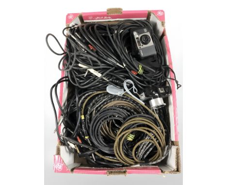 A quantity of musical instrument cables including Fender, Pentax camera, a further camera, etc. (1 box)