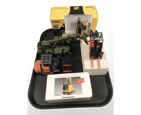 A Norscot 1:25 scale die cast hyster reach truck, in box, together with four further die cast vehicles including forklift tru