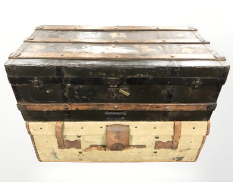 An antique pine and metal cupboard/trunk and a further canvas trunk, width 90 cm 