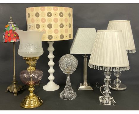 A cut glass mushroom shaped table lamp, 31cm high; a Tiffany style table lamp; a oil lamp style table lamp; other contemporar