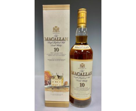 A bottle of Macallan Single Highland Malt Scotch Whisky, 10 Years Old, matured in selected sherry oak casks from Jerez, The M