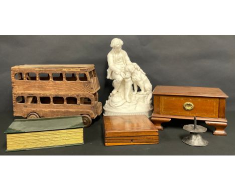 Boxes and Objects - a pewter picket candlestick; a scratch-built model bus; a 19th century rosewood box; a large parian figur