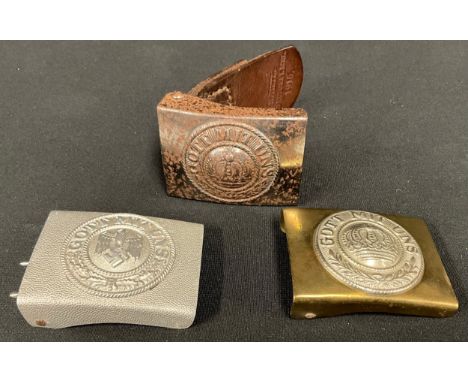 WWI Imperial German Army "Got Mit Uns" Belt Buckles x 2. One is Steel complete with leather tab maker marked and dated 1916 a