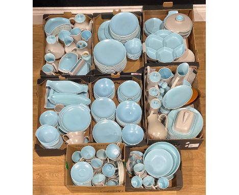 An extensive Pool Pottery Twintone dove grey and sky blue dinner, tea, and coffee service, approximately over 200 pieces