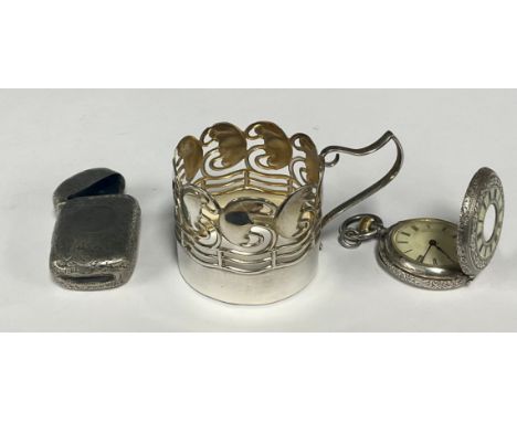 A Victorian silver vesta case, London 1889; a Continental silver half-hunter fob watch, Roman numerals on guilloche enamel ch