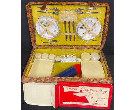 A vintage 1970s Brexton wicket picnic basket, for four, with 8108 pattern Yellow Roses cusp, saucers and plates, flasks, Car 