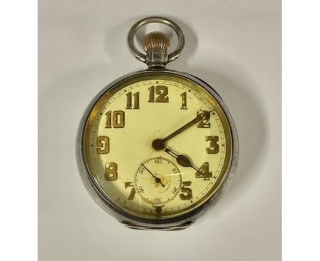 An Edwardian 925 silver open face pocket watch, gilt numerals on enamel dial, subsidiary seconds dial, stem wind movement, Lo